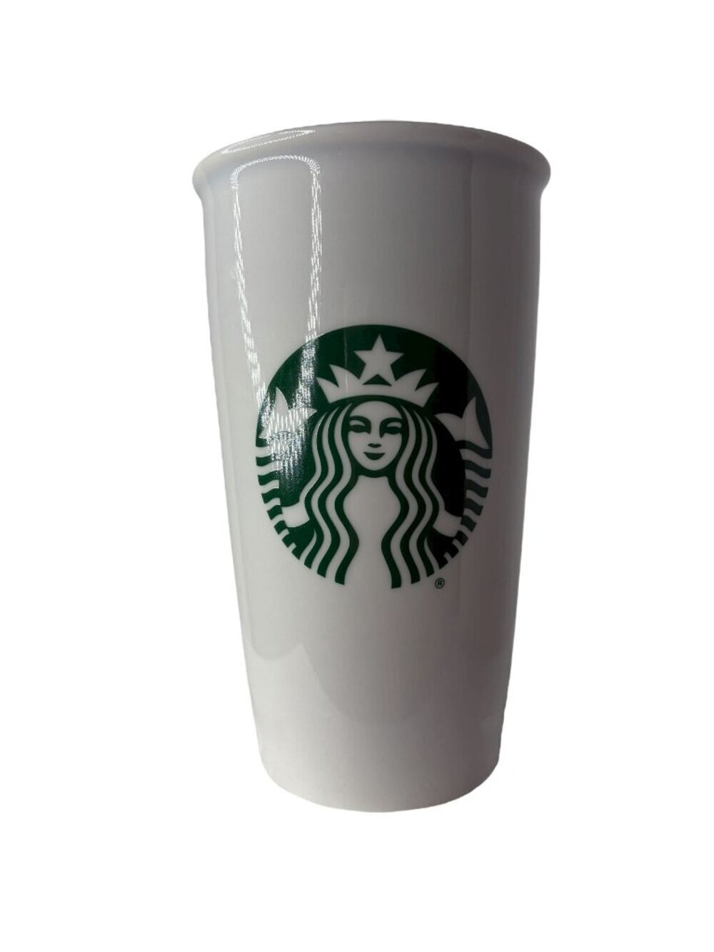 Starbucks Tall Ceramic Travel Mug 12 OZ White and Green Siren Mermaid Logo